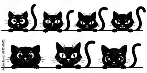 Peeking Cat Silhouette Set – 8 Stylized Black Illustrations with Expressive Eyes and Paws Over Line