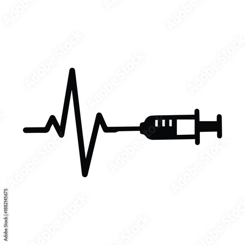Medical Syringe with Heartbeat Pulse Line Icon - Injection and EKG Silhouette for Healthcare