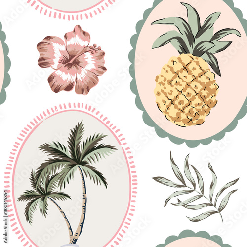 Tropical pineapples, hibiscus flowers, palm trees, frames, white background. Vector seamless pattern. Floral illustration. Exotic plants, fruits. Summer beach design. Paradise nature