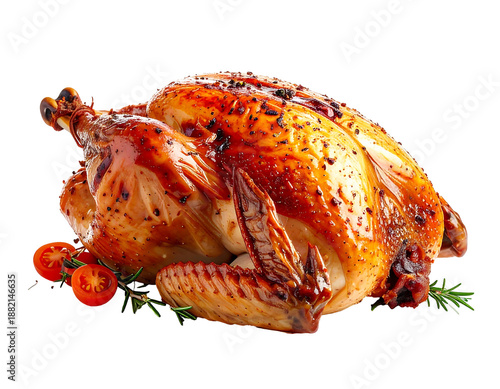 A golden-brown, fully roasted whole chicken, seasoned, with herbs and cherry tomatoes