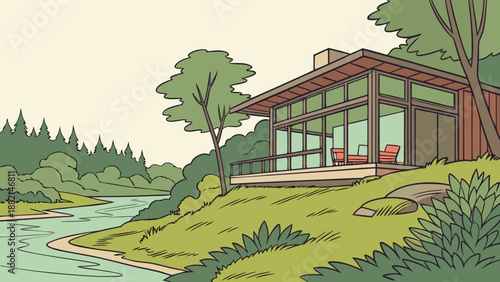 A modern house integrated into nature on the banks of a river, with large windows and lush green scenery.