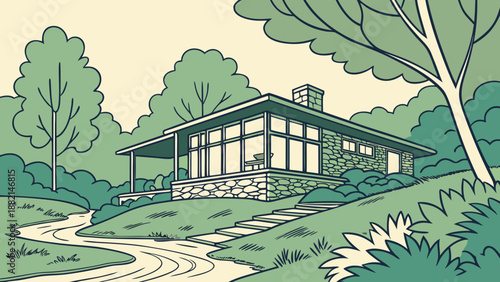 A modern house integrated into nature on the banks of a river, with large windows and lush green scenery.