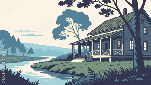 Country house with a veranda overlooking a calm river, reflections in the water, serene atmosphere.