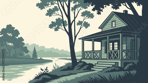 Country house with a veranda overlooking a calm river, reflections in the water, serene atmosphere.