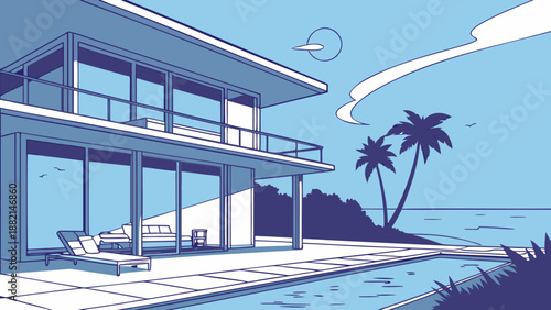 Luxury beachfront home with infinity pool, premium aesthetics, and bright blue skies.