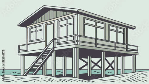 Elevated beach house on stilts, sustainable design, calm sea in the background.