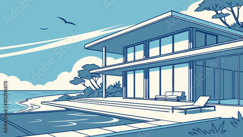 Luxury beachfront home with infinity pool, premium aesthetics, and bright blue skies.