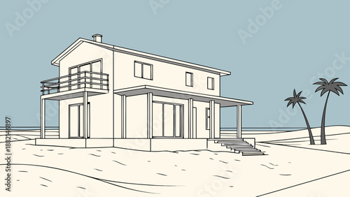 Minimalist white house on the sand, contemporary architecture, intense natural light.