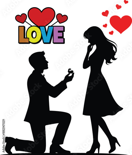 Man proposing to woman with ring in minimalist flat design vector illustration