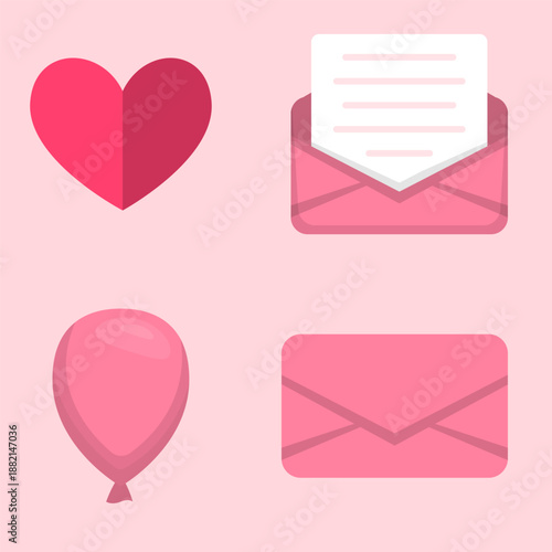 Illustration of pink heart, open and closed envelopes, and a balloon on a light pink background.