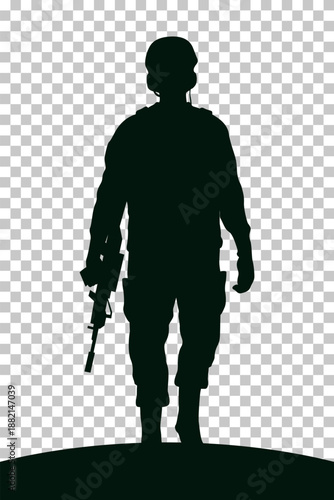 Dark silhouette of a soldier in combat gear holding a rifle, standing on a slight incline with a transparent background.