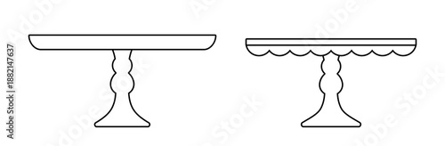 Cake stand clipart  coloring pages and templates.
Scalloped dessert stands outline.
Empty tray for fruit and desserts line art.
White background. SVG.