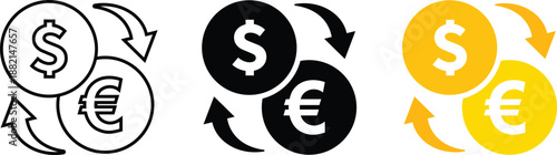 Currency exchange icon set with dollar and euro coins, financial transaction symbols in outline solid and yellow styles, money conversion graphics for banking and investment vector illustration.