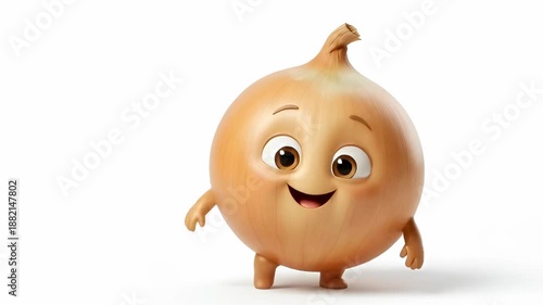 Adorable onion character dancing joyfully with tiny arms and a friendly smile, 3D cartoon style on white background, ideal for fun food visuals and kids content.
