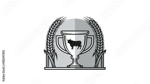 Monochrome vector emblem featuring a trophy cup with a bull silhouette adorned with wheat ears depicting agricultural award.