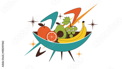 Retro mid-century modern style illustration of a fruit bowl containing banana grapes orange and avocado with boomerangs.