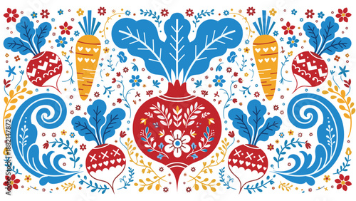 Decorative folk art style illustration featuring stylized red beetroots and orange carrots surrounded by floral ornaments.