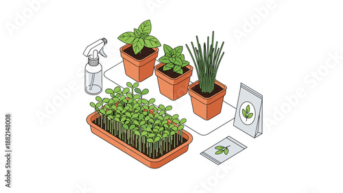 Isometric vector illustration of indoor gardening setup with seed packets seedling tray spray bottle and potted herbs.