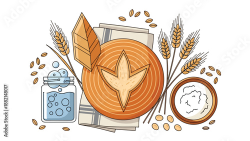 Collection of bakery ingredients and tools showing wheat ears sourdough starter in jar flour bowl and scored bread loaf.