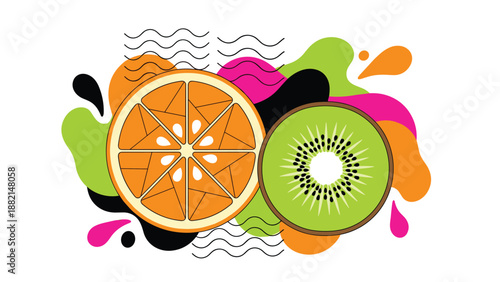 Abstract pop art style illustration featuring cross sections of orange and kiwi fruit against colorful fluid shapes.