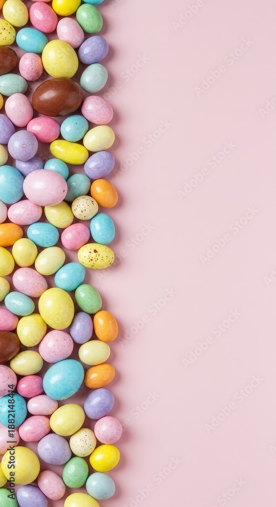 Obraz premium A festive arrangement of colorful pastel candies, chocolate eggs, and sweet jelly beans, perfect for celebrating the joyful spring holiday ,holiday ,festive ,indulgence