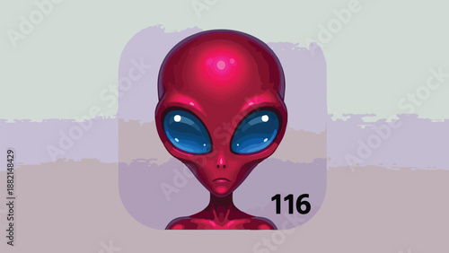 Red Alien Portrait with Large Blue Eyes and Number 116.
