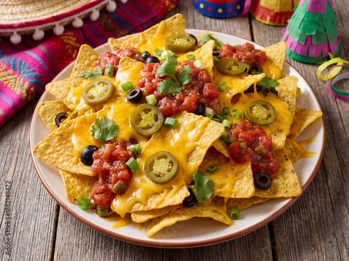 Fotografie Nachos, mexican food, tortilla chips with melted cheese, salsa, jalapeno, olives, fiesta party appetizer, cinco de mayo, snack, delicious fast food, traditional cuisine, spicy vegetable dish, crunchy