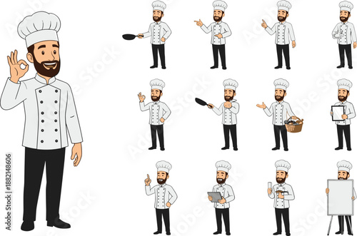 Cartoon chef character in multiple cooking poses with kitchen tools, gestures, and expressions for culinary, branding, and educational use