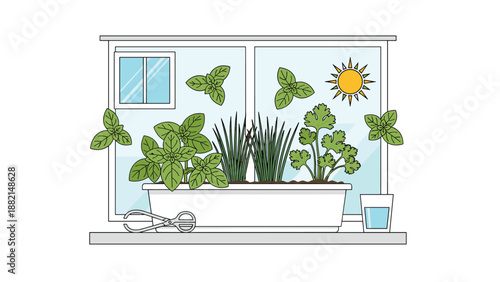Indoor window garden with rectangular planter box growing fresh herbs like basil chives and cilantro in sunlight.