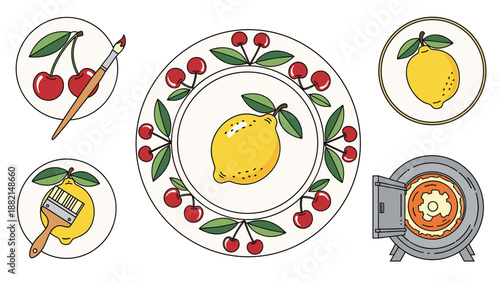 Ceramic painting workshop illustration showing plates with cherry and lemon designs being painted and fired in a kiln.