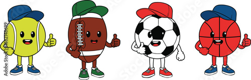 Cartoon sports balls with hats and sneakers giving thumbs-up, perfect for kids’ sports themes, education, or playful design.