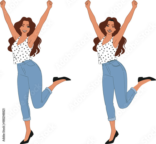 Joyful young woman in polka dot top and jeans posing happily with raised arms and bent leg on white background
