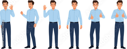 Male character in blue shirt showing positive gestures and body language for approval, greeting, and casual communication scenes
