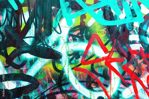 Vibrant street art graffiti in neon red, aqua, green. Bold 2000s urban style, trippy patterns, colorful textures. Creative banners, digital art, modern 90s, 2000s, Y2K visual inspiration.