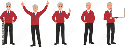 Senior man in red sweater making expressive gestures and holding blank sign for educational or instructional character illustration