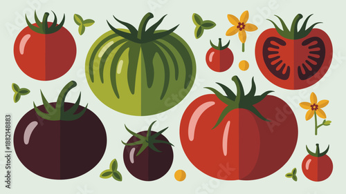 Set of assorted heirloom tomatoes in various shapes and colors like red green and purple stripes.