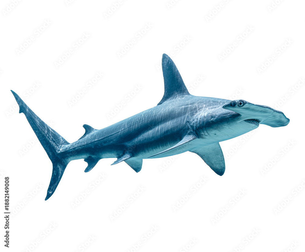Fototapeta premium Majestic blue hammerhead shark swims powerfully, showcasing its distinctive head shape, muscular body, and detailed skin texture in a full-length profile