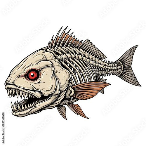 Aggressive redfish reddrum skeleton with sharp teeth and red eyes vector illustration on white background