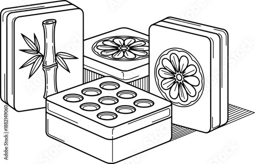 Black and white line art of Mahjong game tiles with bamboo and floral patterns, isolated vector illustration for gaming, traditional Asian culture, and leisure.