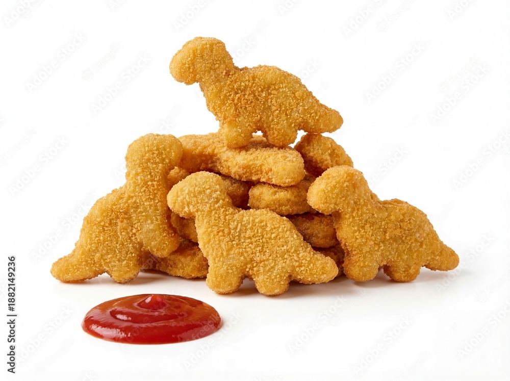 Fototapeta premium dino chicken nuggets pile with ketchup isolated on white background, fried dinosaur shaped crispy meat snack, kids meal, fast food, junk food, tasty lunch, crunchy golden breaded poultry appetizer.