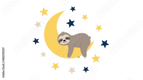 Cute sleeping sloth hanging on a yellow crescent moon surrounded by stars on white background.