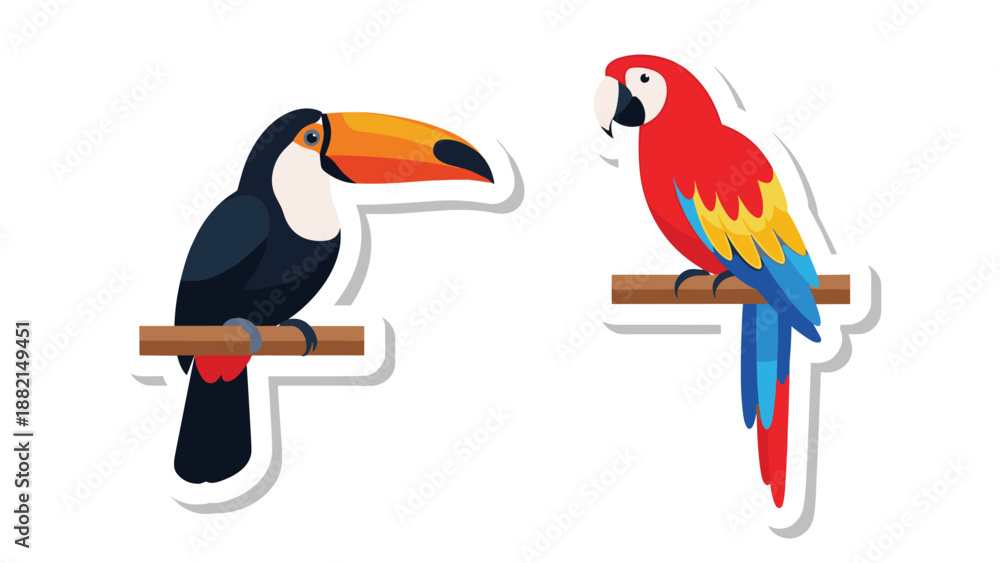 Fototapeta premium Vector illustration of a toucan and a red macaw parrot perched on wooden branches.