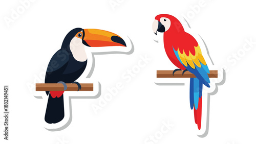 Vector illustration of a toucan and a red macaw parrot perched on wooden branches.