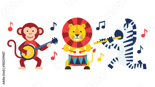 Cartoon animals playing musical instruments including monkey on banjo lion on drums and zebra on flute.