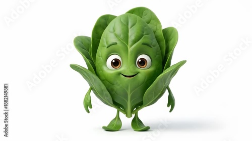 An adorable green leafy vegetable character with lively facial expressions and subtle motion, presented on a white background for food branding or educational visuals.