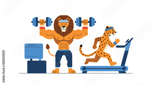 Cartoon lion lifting dumbbells and cheetah running on a treadmill depicting animals working out at the gym.