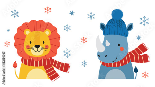 Cute cartoon lion and rhino wearing cozy winter hats and scarves surrounded by snowflakes for holiday season.