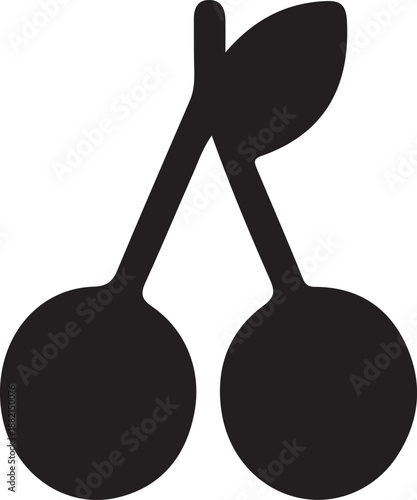 Simple silhouette of two dark cherries with a single leaf on a stem for fresh fruit food concepts silhouette.