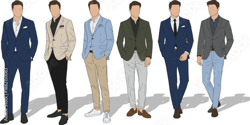 Trendy Vector Illustration Set of Professional Men Featuring Formal Business Suits and Smart Casual Blazer Outfits.