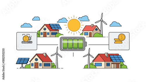 Renewable energy smart grid concept with solar panels wind turbines battery storage and residential houses.